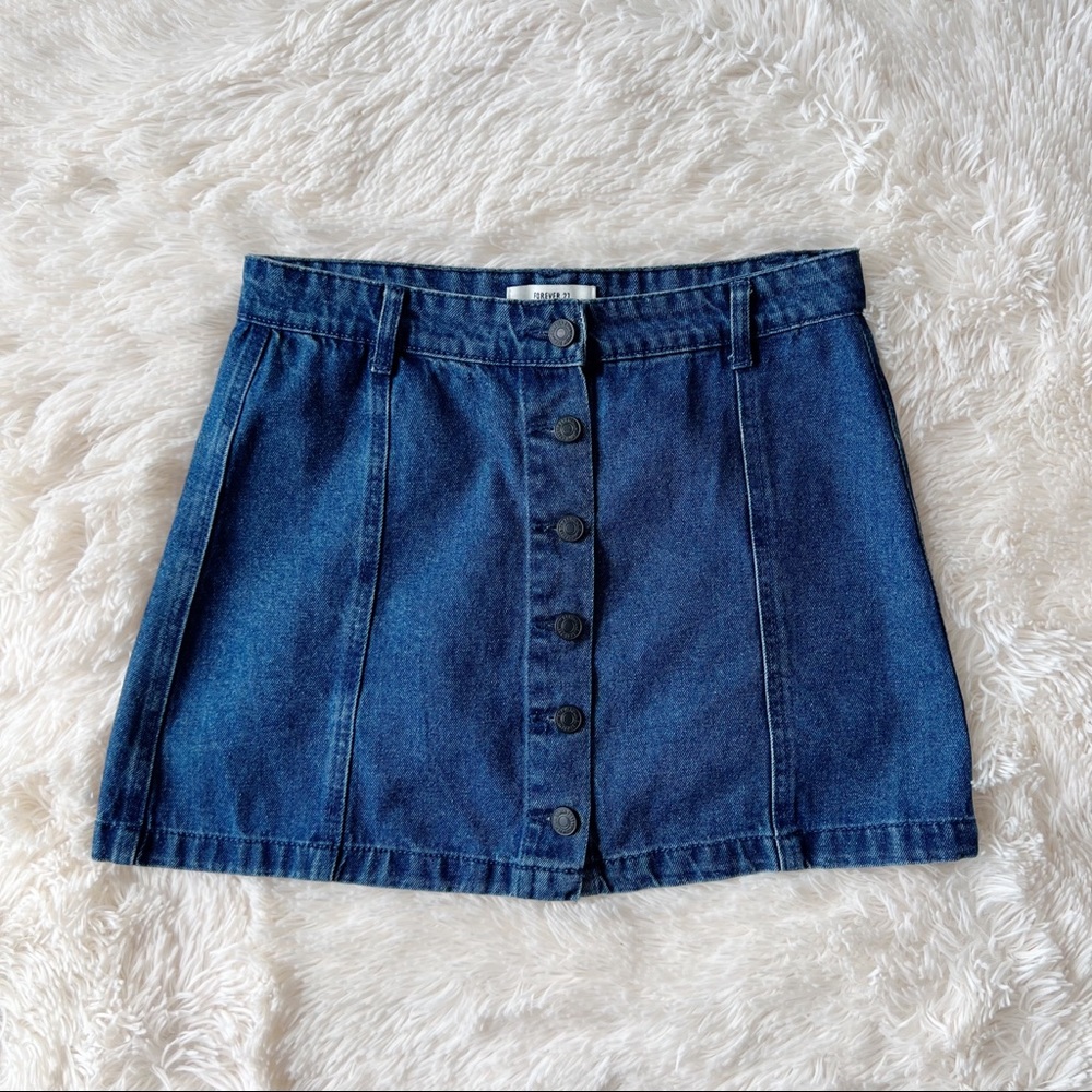 Forever 21 denim jeans mini skirt button front down A-line Size 27